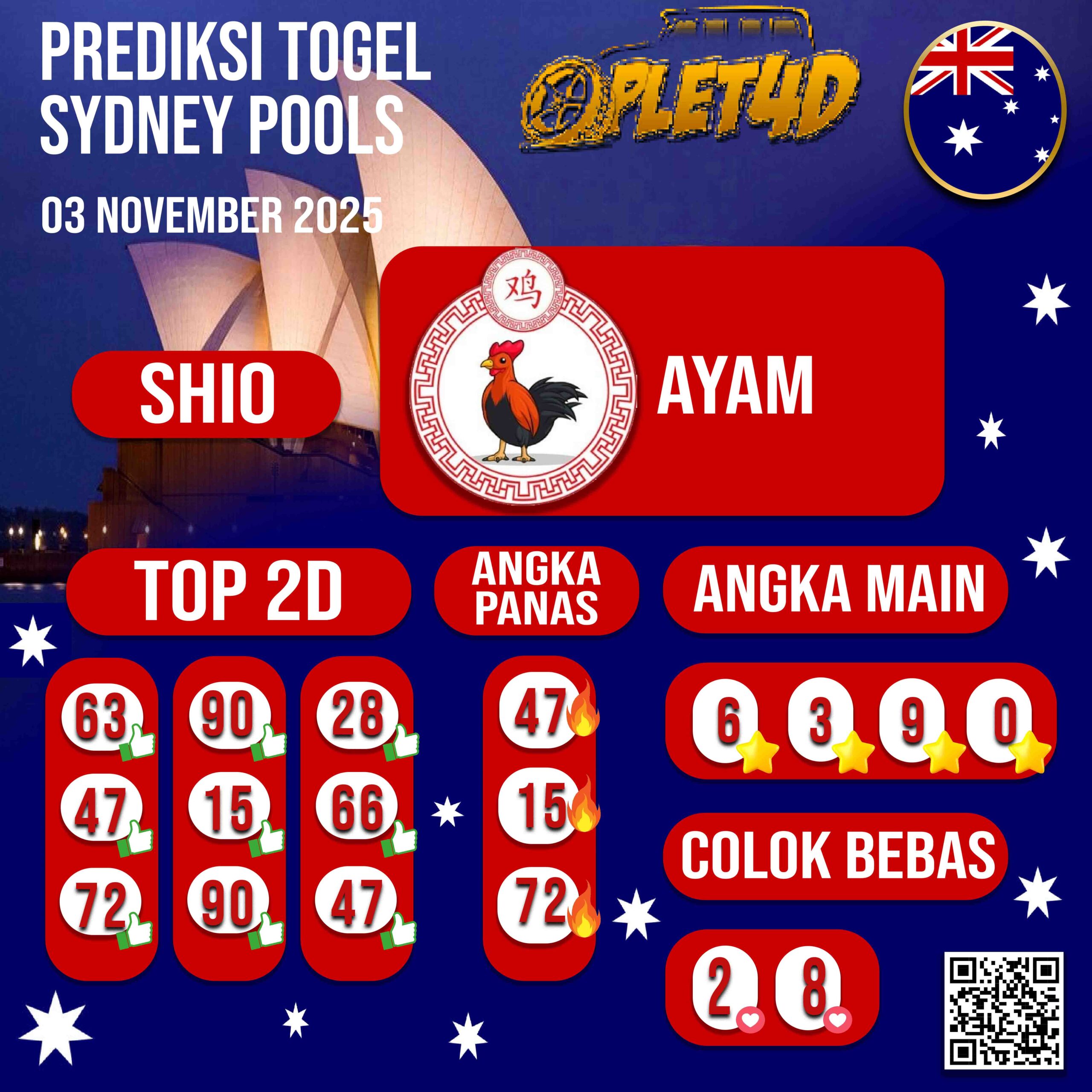 PREDIKSI TOGEL SYDNEY POOLS 03 NOVEMBER 2025 ANGKA MAIN : 6 3 9 0 COLOK BEBAS : 2 / 8 ANGKA PANAS : 47 15 72 SHIO : AYAM TOP 2D 63 90 28 47 15 66 72 90 47 Daftar gratis dan jadilah pemenang di OPLET4D Rasakan sensasi kemenangan hanya di situs terbaik di Asia.